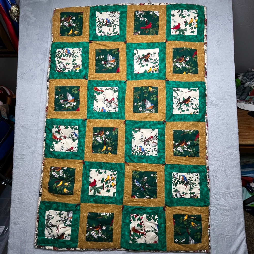 Handcrafted Bird Patchwork Tied Quilt 52x34 Green Gold Floral Reversable